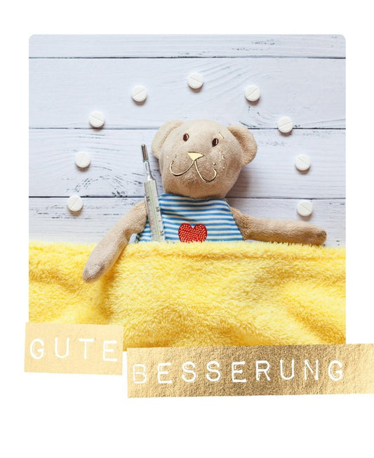 Genesungskarte: Süßer Bär mit Medikamenten - Wünsche zur schnellen Erholung