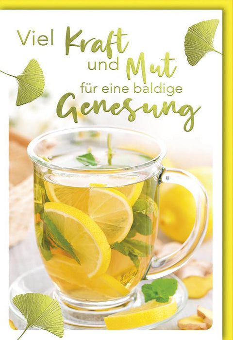 Genesungskarte: Teetasse mit Zitrone, Ingwer & Ginkgo - Viel Kraft für schnelle Erholung