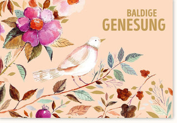 Genesungskarte – Zartes Pastell mit Blumen & Vogelmotiv, Worte der Hoffnung und Zuversicht für eine schnelle Erholung