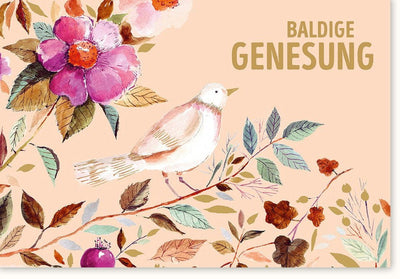 Genesungskarte – Zartes Pastell mit Blumen & Vogelmotiv, Worte der Hoffnung und Zuversicht für eine schnelle Erholung