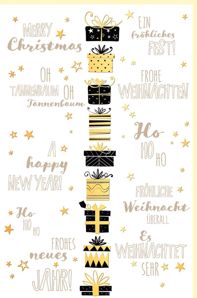 Geschäftliche Weihnachtskarte: Elegante Festtagsgrüße in Gold & Schwarz mit Tannenbaum und Sternen – Luxuriöse Qualität für besondere Anlässe