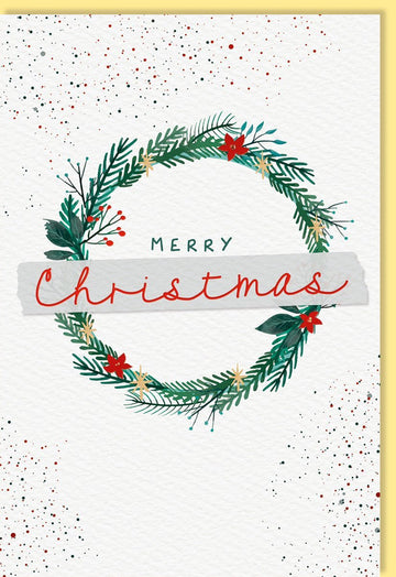 Geschäftliche Weihnachtskarte: Eleganter Naturkarton mit Kranz, Grüner Gruß & Roter "Merry Christmas" Schriftzug