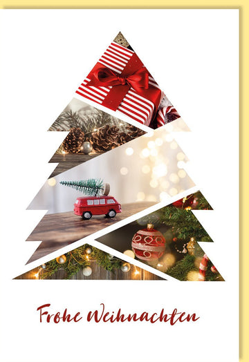 Geschäftliche Weihnachtskarte: Elegantes Design mit Kiefernzapfen, Spielzeugbus & Tannenbaum - Motiv, Festliche Kugeln in Rot, Grün & Gold, "Frohe Weihnachten"