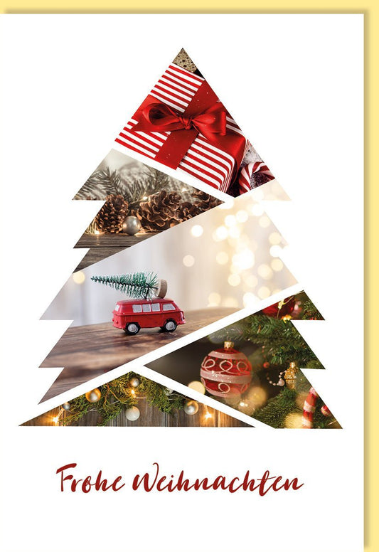 Geschäftliche Weihnachtskarte: Elegantes Design mit Kiefernzapfen, Spielzeugbus & Tannenbaum - Motiv, Festliche Kugeln in Rot, Grün & Gold, "Frohe Weihnachten"