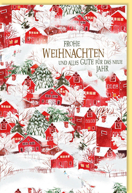 Geschäftliche Weihnachtskarte: Festliche Winterlandschaft mit Schneehäusern und Nadelbäumen, Traditionelle und Saisonale Grüße