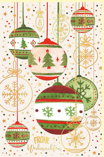 Geschäftliche Weihnachtskarte mit Goldfolie - Festlicher Baumschmuck in Rot, Grün & Gold für Familie & Freunde