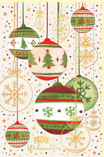 Geschäftliche Weihnachtskarte mit Goldfolie - Festlicher Baumschmuck in Rot, Grün & Gold für Familie & Freunde