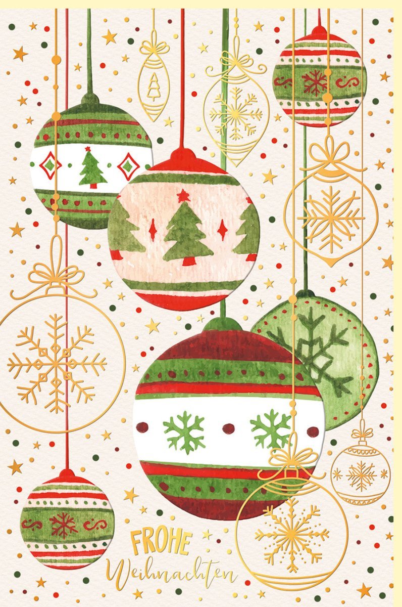 GeschĂ€ftliche Weihnachtskarte mit Goldfolie - Festlicher Baumschmuck in Rot, GrĂŒn & Gold fĂŒr Familie & Freunde