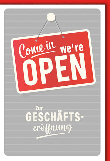 Geschäftseröffnungskarte Modern – Rotes "Open" - Schild auf grauem Streifenhintergrund