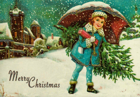 Glitzernde Weihnachtspostkarte: Mädchen mit Schirm im Schneegestöber