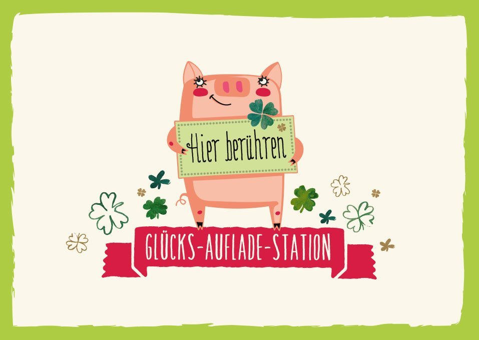 Glücksbringer - Postkarte: Humorvolle Aufmunterung mit süßem Schwein und Kleeblättern für Freunde, Familie oder Kollegen