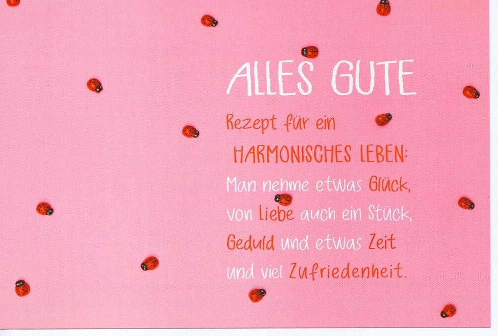 Glückwunschkarte Alles Gute Marienkäfer Rezept für ein harmonisches Leben rosa Karte mit Spruch Glück Liebe Geduld Zufriedenheit