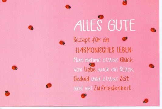 Glückwunschkarte Alles Gute Marienkäfer Rezept für ein harmonisches Leben rosa Karte mit Spruch Glück Liebe Geduld Zufriedenheit