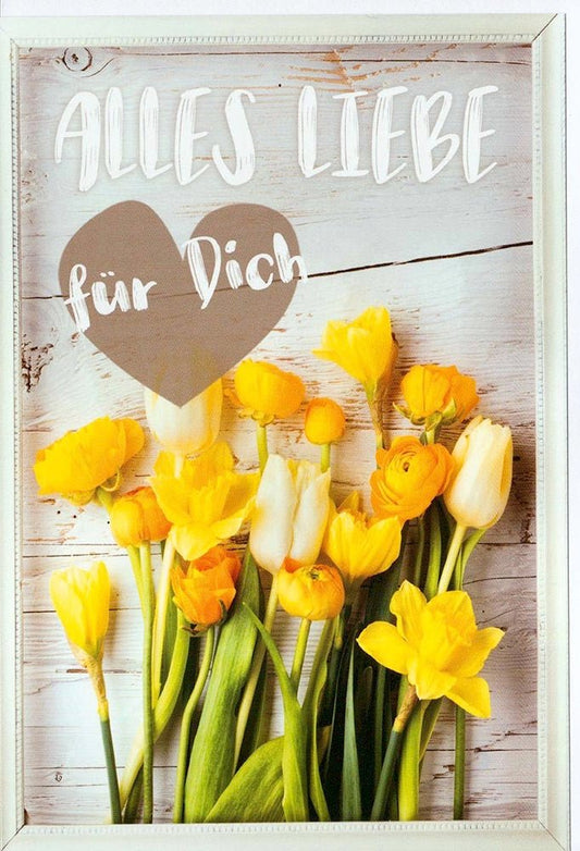 Glückwunschkarte Alles Liebe für Dich mit gelben Tulpen und Herz Motiv hochwertige Grußkarte für besondere Anlässe