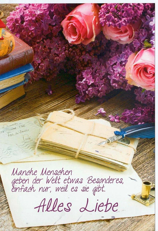 Glückwunschkarte Alles Liebe mit Blumenstrauß und Brief Nostalgie Motiv lila Flieder Rosen liebevolle Grußkarte hochwertige Doppelkarte