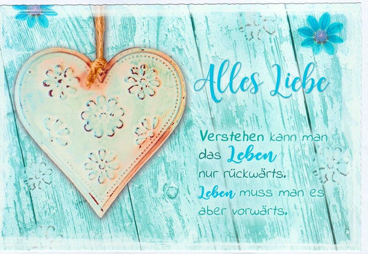 Glückwunschkarte Alles Liebe mit Herzanhänger und Spruch in Türkis für besondere Anlässe liebevolle Grußkarte Doppelkarte