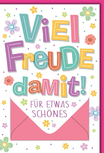 Glückwunschkarte Allgemein – Bunte Buchstaben mit Blumen und rosa Umschlag
