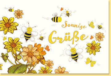 Glückwunschkarte: Blumen & Bienen auf Naturkarton, veredelt mit Goldfolie und Blindprägung