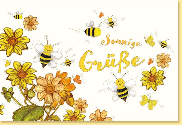 Glückwunschkarte: Blumen & Bienen auf Naturkarton, veredelt mit Goldfolie und Blindprägung