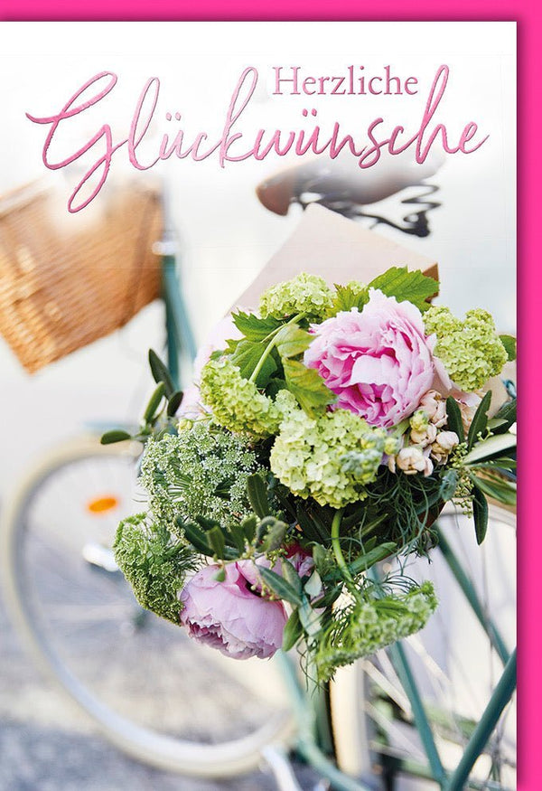 Glückwunschkarte Blumen & Fahrrad - Rosa Eleganz für Herzliche Gratulationen