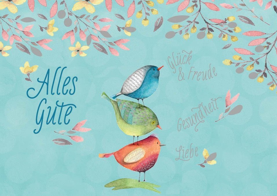 Glückwunschkarte Blumen & Vögel mit Folienprägung - Alles Gute