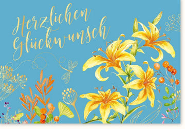 Glückwunschkarte Blumenmotiv: Elegante Karte in Gelb & Blau, Perfekt für Gratulationen & Festlichkeiten - Hochwertige Glückwunschkarten - Allgemein