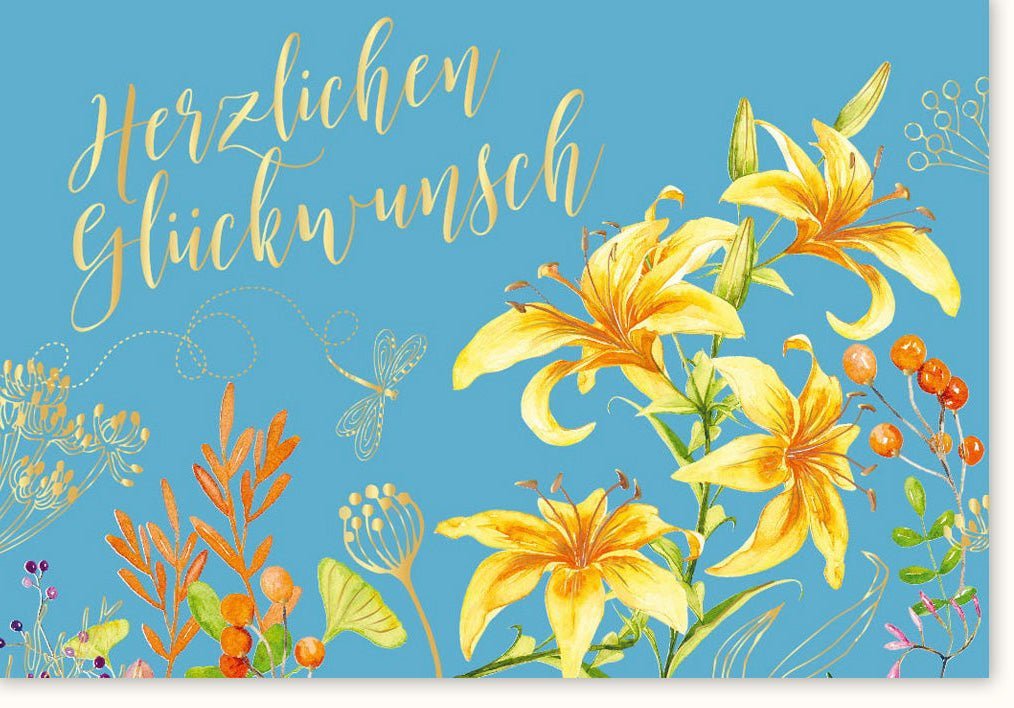 Glückwunschkarte Blumenmotiv: Elegante Karte in Gelb & Blau, Perfekt für Gratulationen & Festlichkeiten - Hochwertige Glückwunschkarten - Allgemein