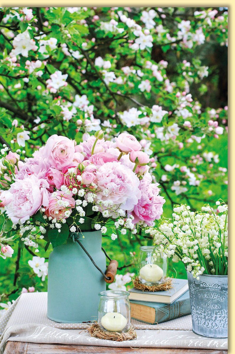Glückwunschkarte Blumenstrauß mit Pfingstrosen und Maiglöckchen romantische Doppelkarte für besondere Anlässe hochwertige Doppelkarte