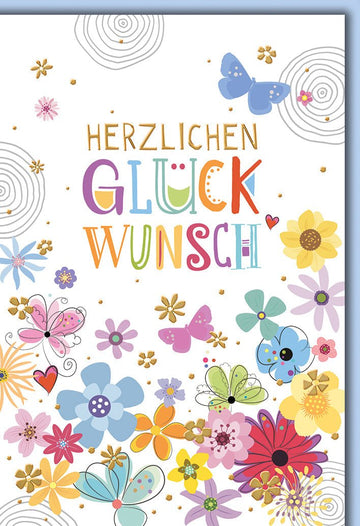 Glückwunschkarte Elegant: Bunte Blüten und Schmetterlinge in Pastell - Tönen