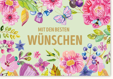 Glückwunschkarte: Farbenfrohe Blumen & Schmetterlinge für Feier und Gratulationen
