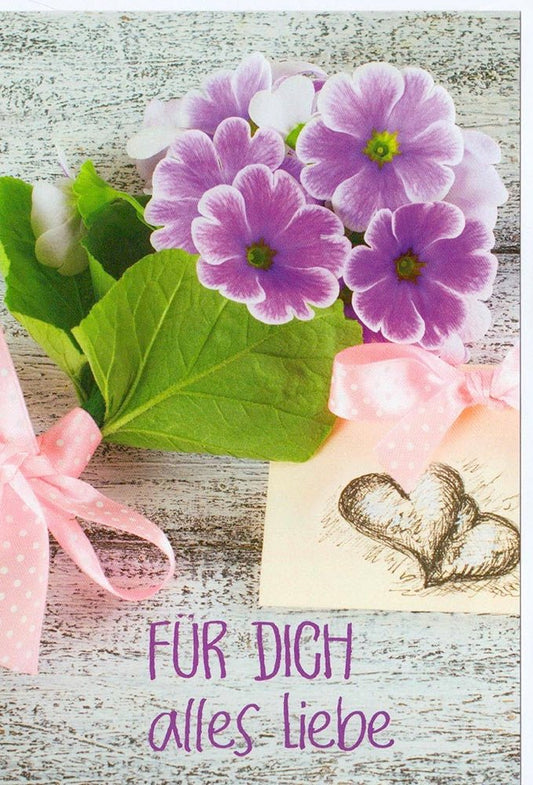 Glückwunschkarte Für Dich Alles Liebe mit lila Blumenstrauß und Herz auf Holz Hintergrund liebevoll gestaltet