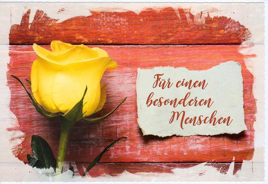 Glückwunschkarte für einen besonderen Menschen mit gelber Rose auf Holz als liebevolle Grußkarte zum Verschenken und Gratulieren