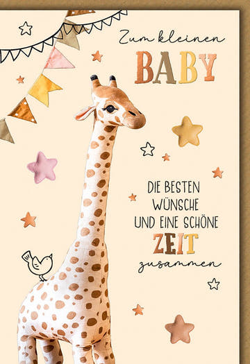 Glückwunschkarte Geburt Baby – Giraffe mit Sternen und bunten Wimpeln in Pastelltönen