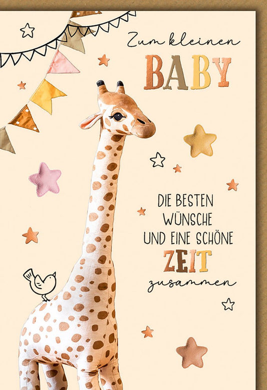 Glückwunschkarte Geburt Baby – Giraffe mit Sternen und bunten Wimpeln in Pastelltönen