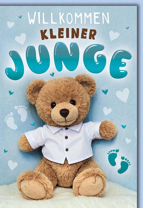 Glückwunschkarte Geburt Junge – Teddybär mit Fußabdrücken und Herzmotiven