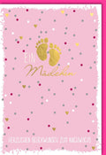 Glückwunschkarte Geburt Mädchen - Babykarte mit Fußabdrücken, Rosa & Gold Herzen zur Babyparty