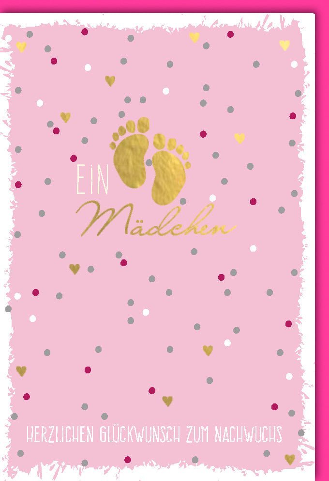 Glückwunschkarte Geburt Mädchen - Babykarte mit Fußabdrücken, Rosa & Gold Herzen zur Babyparty