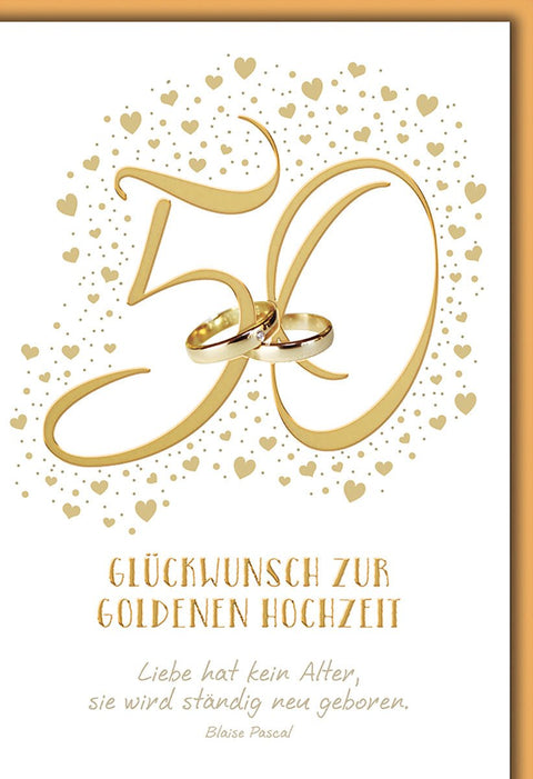 Glückwunschkarte Goldene Hochzeit – Goldene 50 mit Ringen und Herz - Konfetti