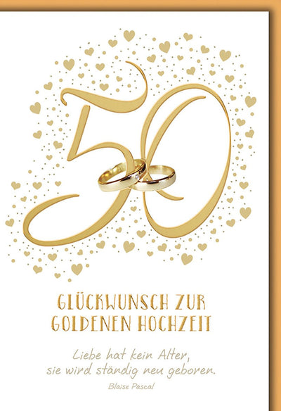 Glückwunschkarte Goldene Hochzeit – Goldene 50 mit Ringen und Herz-Konfetti
