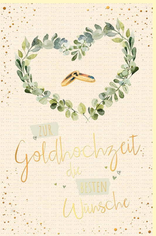 Glückwunschkarte Goldene Hochzeit - Herz & Ringe Design auf Zuckerrohrpapier für liebevolle Jubiläumsgrüße