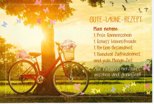Glückwunschkarte Gute - Laune - Rezept mit Fahrrad und Blumenwiese fröhliche Doppelkarte für positive Grüße und sonnige Wünsche