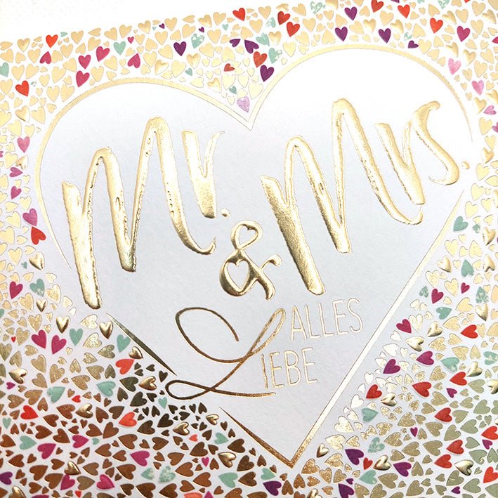 Glückwunschkarte Hochzeit goldene Herzen Mr und Mrs edle Doppelkarte Alles Liebe Hochzeitskarte stilvoll elegant