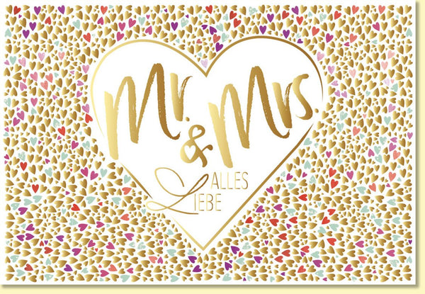 Glückwunschkarte Hochzeit goldene Herzen - Mr und Mrs - edle Doppelkarte Alles Liebe Hochzeitskarte stilvoll elegant