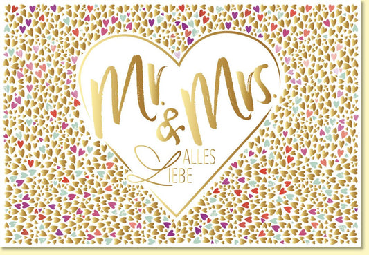 Glückwunschkarte Hochzeit goldene Herzen Mr und Mrs edle Doppelkarte Alles Liebe Hochzeitskarte stilvoll elegant