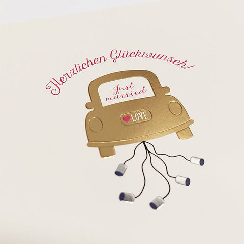Glückwunschkarte Hochzeit Just Married Auto mit Dosen Herzlichen Glückwunsch stilvolle Hochzeitskarte liebevoll modern für das Brautpaar