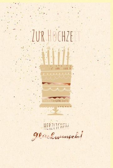 Glückwunschkarte Hochzeit mit Torte & Kerzen, Zuckerrohrpapier, Roségold Metallicfolie, Perfekt für Brautpaar & Jubiläum