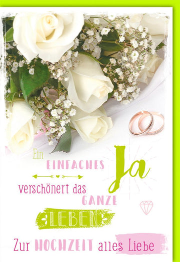 Glückwunschkarte Hochzeit mit weißen Rosen und Eheringen liebevolle Doppelkarte zur Hochzeit alles Liebe stilvoll romantisch Hochzeitskarte