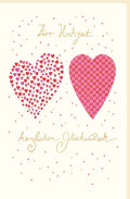 Glückwunschkarte Hochzeit mit zwei rosa Herzen und goldener Schrift liebevoll gestaltet romantische Hochzeitskarte für das Brautpaar