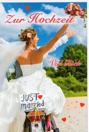 Glückwunschkarte Hochzeit romantisch Brautpaar auf Motorrad mit Blumenstrauß und Just Married Motiv Viel Glück zur Trauung