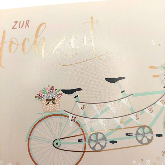 Glückwunschkarte Hochzeit Tandem Fahrrad Just Married Blumen romantische Hochzeitskarte stilvoll modern liebevoll gestaltete Doppelkarte